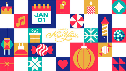 Modern New Year Icon Grid Background - Vibrant Holiday Pattern Design for Festive Greeting Cards and Invitations