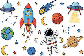 Colorful Space Adventure Rocket Astronaut and Planets Illustration.