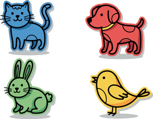 Cute Cartoon Pet Animals Cat Dog Rabbit and Bird.