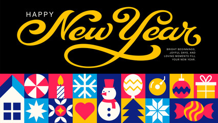Happy New Year Background - Modern Icon Grid Pattern with Gifts, Ornaments, and Fireworks