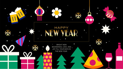 Golden New Year Celebration Pattern - Elegant Icon Grid Design with Christmas Trees and Decorations