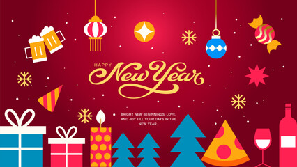 Festive New Year Party Background - Vibrant Holiday Icon Pattern with Gifts and Ornaments