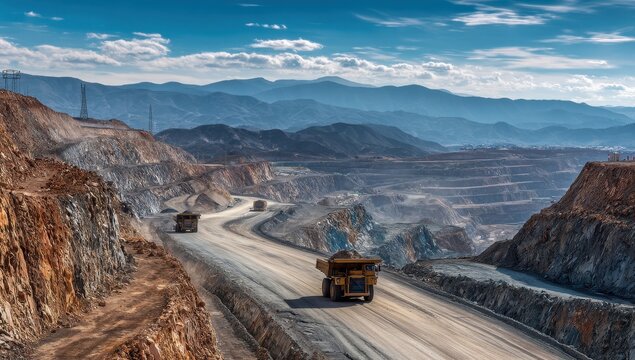 Large mining trucks haul ore on a road in a vast openpit mine