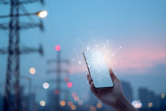 Hand holding smartphone with digital network over city power lines at twilight, concept for smart grid technology, infrastructure development and telecommunications innovation - Powered by Adobe