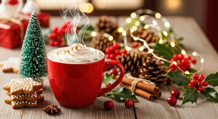 Steaming hot chocolate in red mug with whipped cream, cinnamon, festive gingerbread cookies, pine cones, holly, and twinkling lights on rustic wooden table for Christmas.