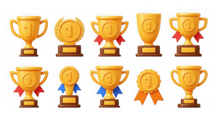 Collection of golden trophy and medal awards