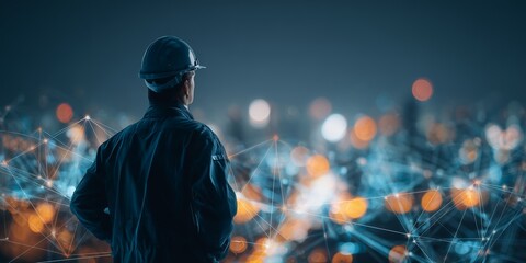 Rear view of an engineer wearing a helmet observing a city skyline with a network overlay, concept for smart city development, infrastructure management and future construction planning