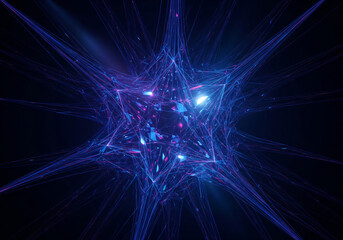 Abstract visualization of a complex neural network structure with glowing blue and purple particles and intricate connections, representing data, technology, and the universe