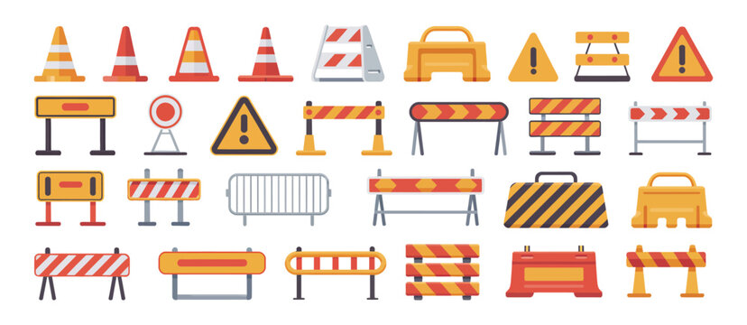 Road Barriers and Traffic Sign Collection &ndash; Safety Cones, Construction Barricades, Warning Symbols, Stop Signs, and Street Control Elements for Transportation and Infrastructure Design