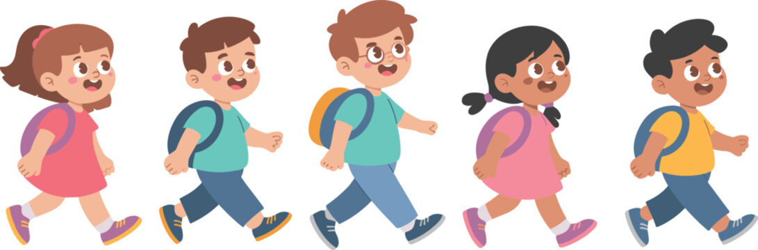 Cartoon children walking with backpacks, diverse school kids in casual clothes, happy students going to school, educational vector illustration - Powered by Adobe