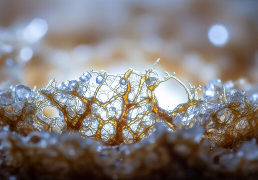 Closeup macro shot of a delicate, intricate, branching structure resembling a coral or a microscopic organism, with water droplets glistening on its surface, set against a soft, blurred background