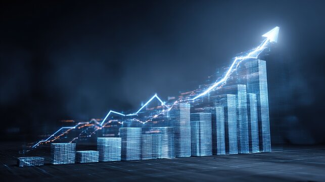 Futuristic glowing bar chart illustrating business growth and financial progress concept