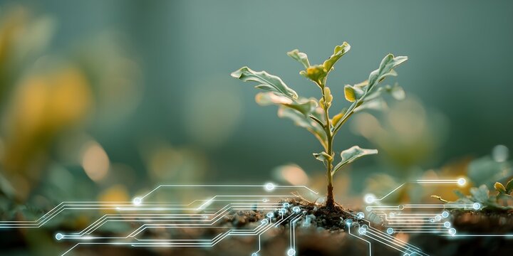 A young sapling grows from soil with digital circuit lines overlaying it, concept for sustainable technology, future of farming and environmental innovation