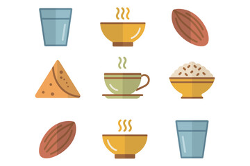 Flat vector icons for meal, featuring traditional food, water, dates, representing iftar, fasting, and cultural eating,