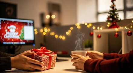 Hands exchanging a festive Christmas gift in a decorated office with a hot drink, celebrating the holiday season