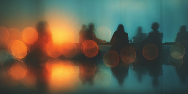 Abstract blurred silhouettes of marketing team executives in meeting room with bokeh effect, concept for project planning, strategic workshop and corporate consultation