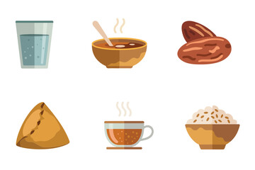 Detailed flat vector icons for meal, showing water, bowl, dates, representing iftar, fasting, and traditional culture,