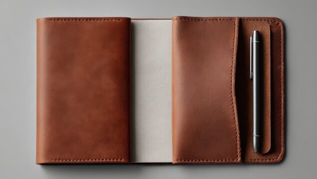 Open brown leather notebook with pen on grey surface