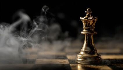 Golden chess king on a smoky chessboard