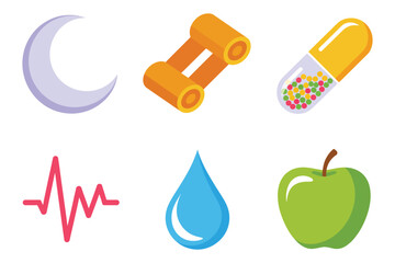 Flat vector icons for healthy living, featuring heart, apple, pills, representing fitness, health, and medical care,
