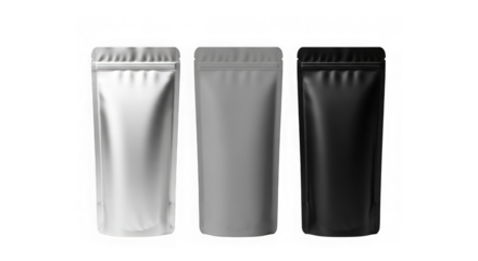 Three stand up pouches in silver, gray, and black