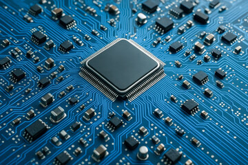 Close-up of a computer circuit board with a central processing unit.
