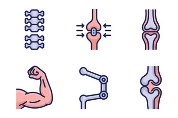 Flat vector icons for body parts, featuring joints, muscles, bone, representing human anatomy and health,