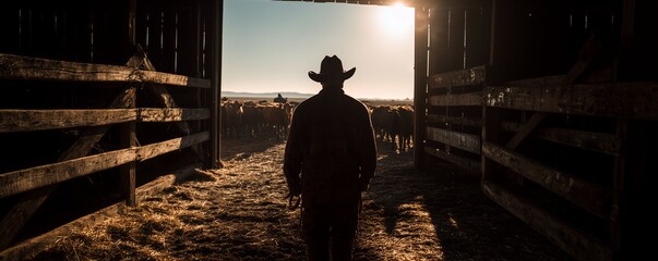 Silhouette of a cowboy standing in a barn doorway overlooking a herd of cattle at dawn, concept for ranching lifestyle, rural industry and livestock management
