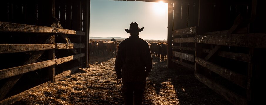 Silhouette of a cowboy standing in a barn doorway overlooking a herd of cattle at dawn, concept for ranching lifestyle, rural industry and livestock management