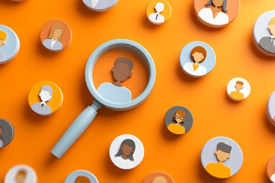 Diverse group of people icons under magnifying glass on an orange background, concept for human resources, recruitment solutions and talent acquisition