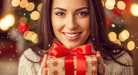 Joyful young Caucasian woman smiling and holding a festive Christmas gift with a red ribbon, surrounded by warm bokeh lights and falling snow.