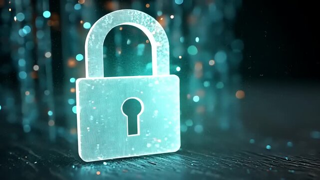 A glowing digital padlock symbolizing cybersecurity amidst a backdrop of shimmering blue particles - Powered by Adobe