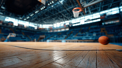 A basketball resting on a polished wooden court in an empty arena, highlighting sports atmosphere, lighting, and court textures, perfect for athletic or game-themed visuals.
