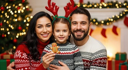 Happy young family with little daughter celebrating Christmas at home, wearing festive sweaters and smiling in front of a decorated tree and fireplace.