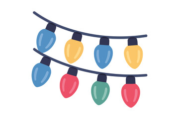 Flat vector icons for decoration, featuring light bulbs, garlands, string lights, representing party, celebration, and decor,