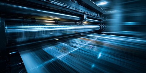 Close-up of an industrial printing press operating at high speed, concept for newspaper production, magazine printing and packaging industry