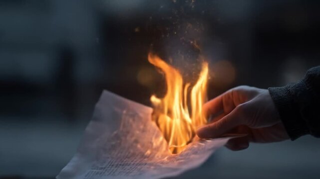 A hand holding a document as it burns, with flames and embers rising