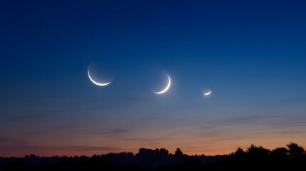 Three luminous crescent moons appear in a deep twilight sky transitioning from dark blue to soft orange with a dark silhouette of trees on the