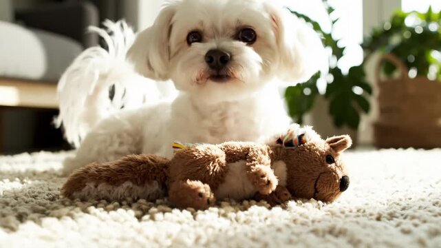 Maltese Dog Playing With Squirrel Toy on Carpet