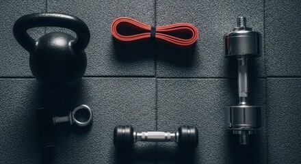 Fitness Flat Lay Kettlebell with Dumbbell, and Resistance Band on Dark Background.