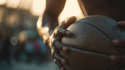 Close up of an athlete gripping a basketball, showing strong hands, texture of the ball, and intense focus. Perfect for sports, training, fitness, and competition concepts.