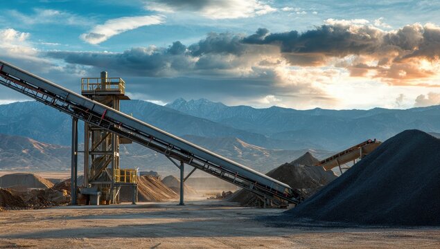 Conveyor belt system in a quarry with distant mountains and sky