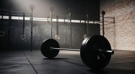 Gyms Steel Resolve Barbell Awaits Under Rings with a Test of Strength.
