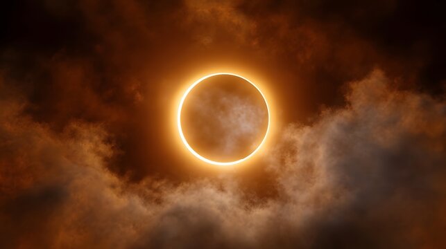 Spectacular solar eclipse shows a bright glowing corona ring amidst dark atmospheric clouds
