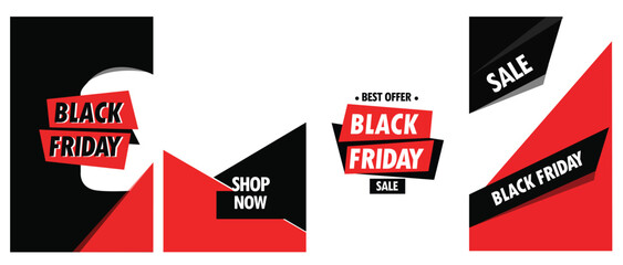 Dynamic black friday sale banners featuring bold red and black graphics and clear call to action text for online shopping promotions