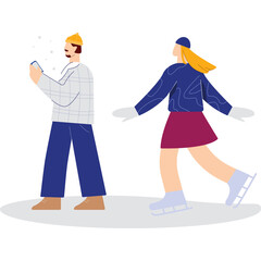 Couple ice skating outdoors on a cold day with one person looking at their phone while wearing winter clothing and ice skates on a white background