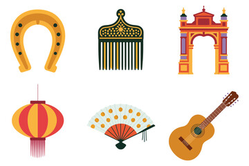 Flat vector icons for luck, featuring horseshoe, arch, guitar, representing tradition and cultural event,