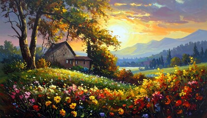 A vibrant painting of a home nestled among colorful wildflowers and trees under a beautiful sunset sky, with rolling hills