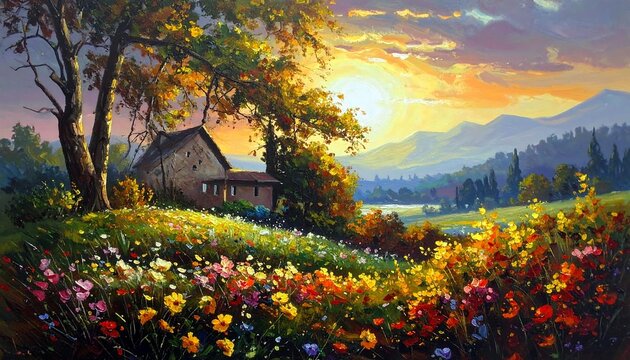 A vibrant painting of a home nestled among colorful wildflowers and trees under a beautiful sunset sky, with rolling hills