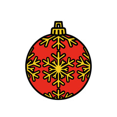A festive red Christmas ornament with yellow snowflake patterns and a golden cap is displayed.